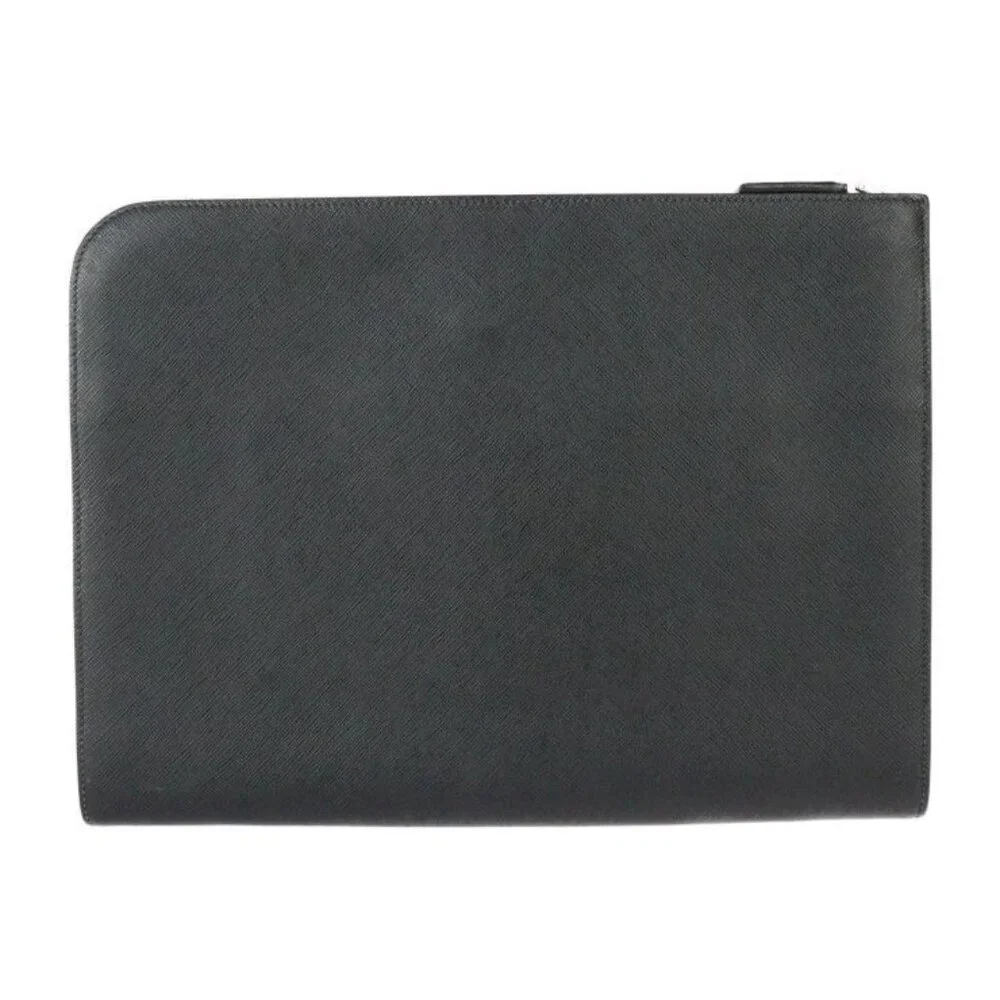 Prada Document Case Second Bag 2 Vn003 Leather Black Blue Silver Hardware
